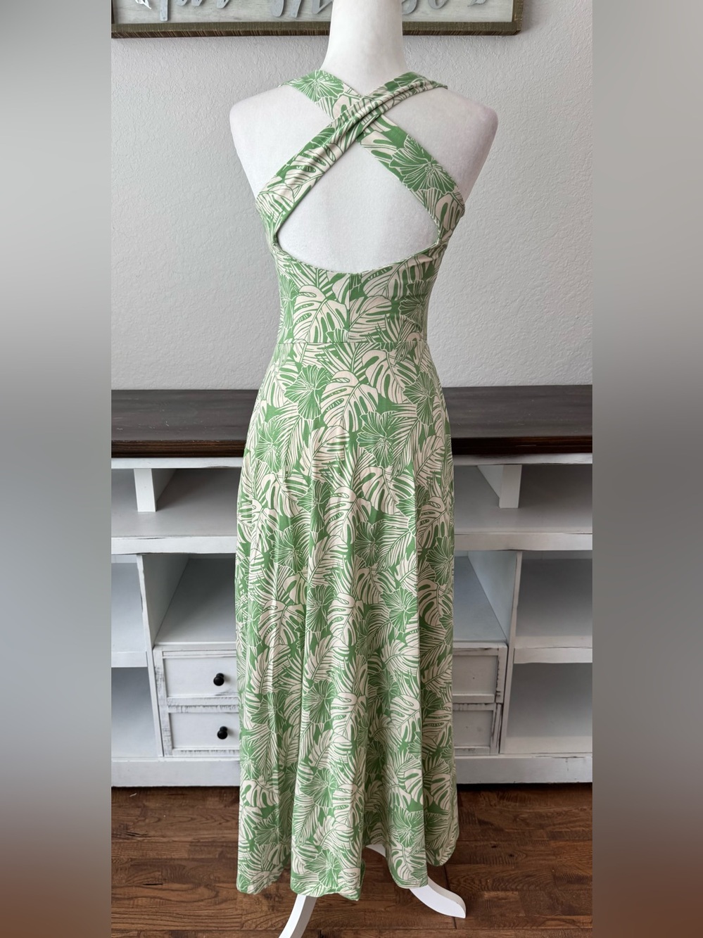 NEW PACT Fit & Flare Open Back Maxi Dress Jade Palms Organic Cotton XS DD - Picture 4 of 8